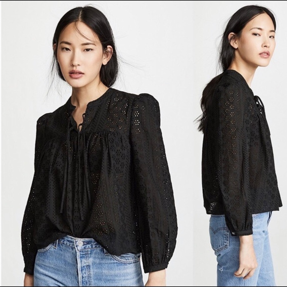 NEW Madewell Double Tie Black Eyelet Blouse Medium